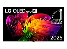 The front view of LG OLED evo AI W6 Wallpaper TV features its clean Wallpaper design, while a dynamic abstract composition of wave-like color gradients in vivid multicolors flows seamlessly across the screen.
